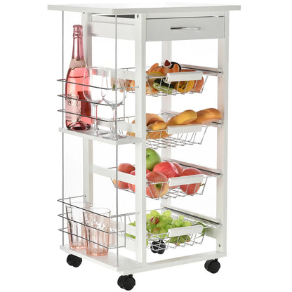 HOMCOM Rolling Kitchen Cart, Utility Storage Cart with 4 Basket Drawers & Side Racks, Wheels for Dining Room, White