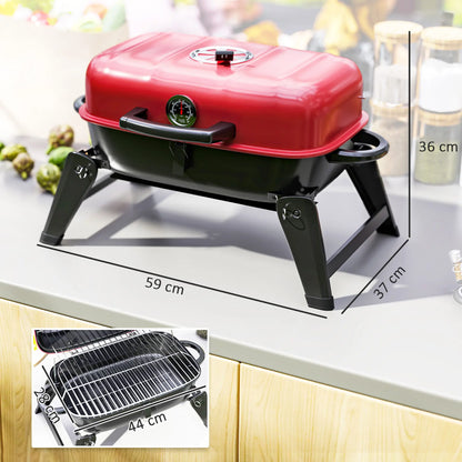 Outsunny Charcoal Barbecue Grill Folding BBQ Grill with Adjustable Vent, Thermometer, Handles for Camping Picnic, Red