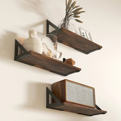 HOMCOM Set of 3 Wall Shelves, Vintage Wall Mounted Floating Shelves for Living Room, Bedroom, Rustic Brown