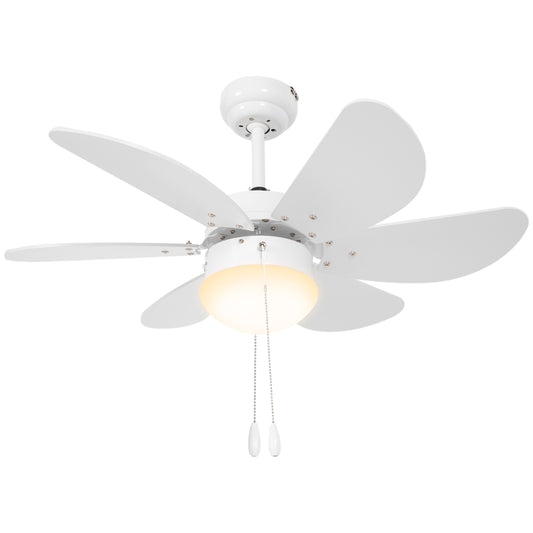 HOMCOM Ceiling Fan with LED Light, Flush Mount Ceiling Fan Lights with 6 Reversible Blades, Pull-Chain Switch, White