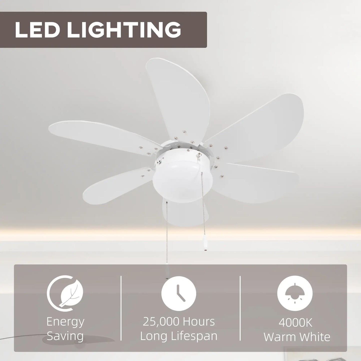 HOMCOM Ceiling Fan with LED Light, Flush Mount Ceiling Fan Lights with 6 Reversible Blades, Pull-Chain Switch, White