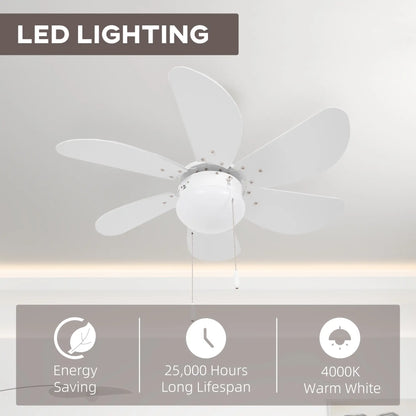 HOMCOM Ceiling Fan with LED Light, Flush Mount Ceiling Fan Lights with 6 Reversible Blades, Pull-Chain Switch, White