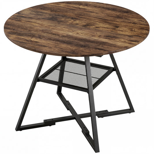 HOMCOM Dining Table for 4 People, Round Industrial Kitchen Table with Storage Shelf, Rustic Brown