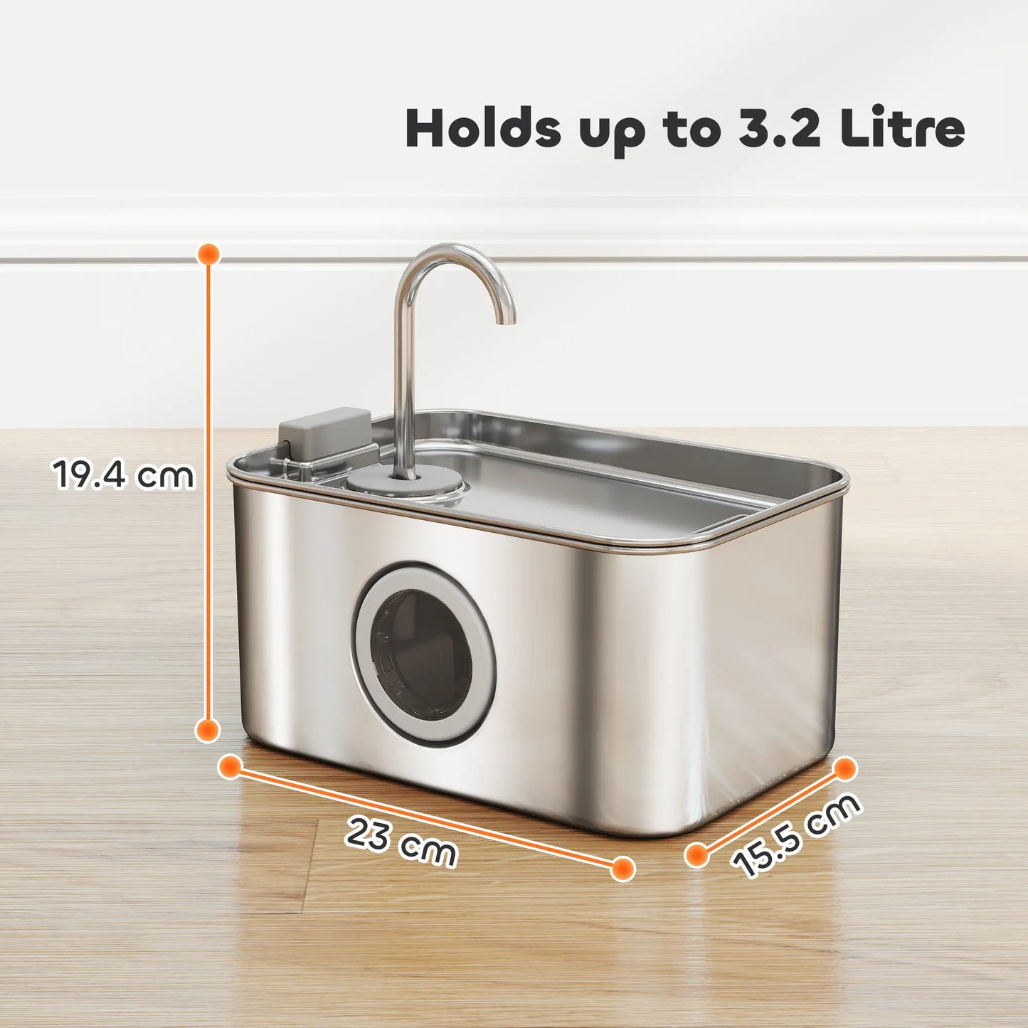 PawHut 3.2L Cat Water Fountain for Drinking, Stainless Steel with Visible Water-Level Window, Ultra-Silent Pump