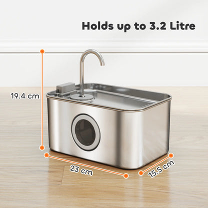 PawHut 3.2L Cat Water Fountain for Drinking, Stainless Steel with Visible Water-Level Window, Ultra-Silent Pump