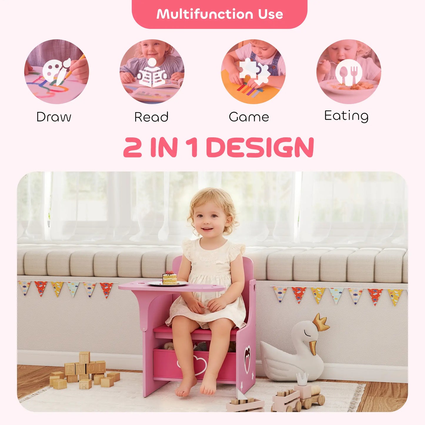 AIYAPLAY Kids Table & Chair Set, Children Desk & Chair with Storage Bins for Playing, Reading, Pink