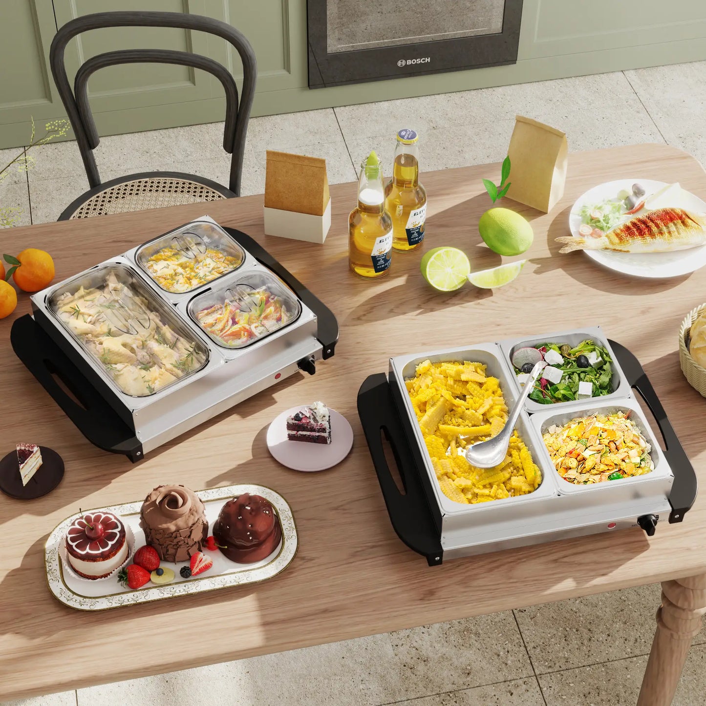 HOMCOM 4.5L Stainless Steel Electric Buffet Server with 3x Trays and Lids, Set of 2