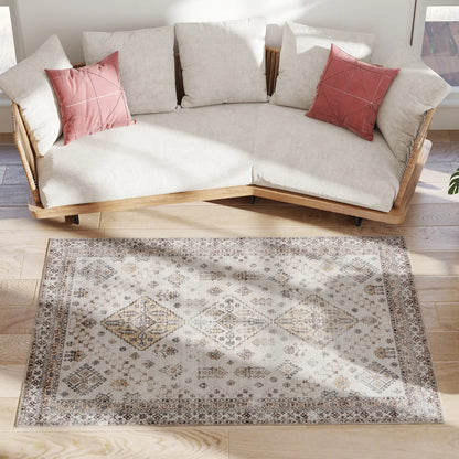 HOMCOM Vintage Area Rug, Non-Slip Washable, Flannel Floor Carpet for Living Room, Bedroom, Home Office, Beige