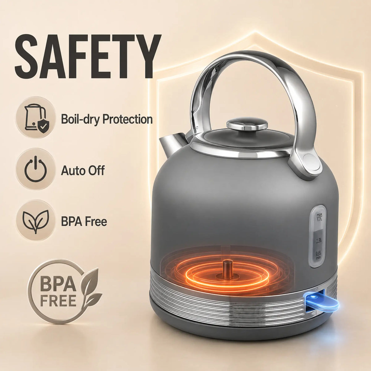 HOMCOM Stainless Steel Fast Boil Cordless Kettle and 4 Slice Toaster Kitchen Set, 1.7L 3000W, Grey