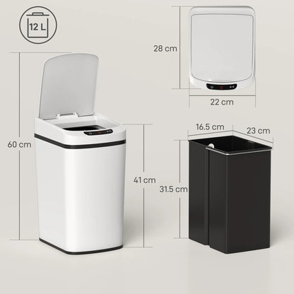 HOMCOM 12L Sensor Bin, Automatic Touchless Motion Sensor Kitchen Bin with Fingerprint Resistant Stainless Steel, White