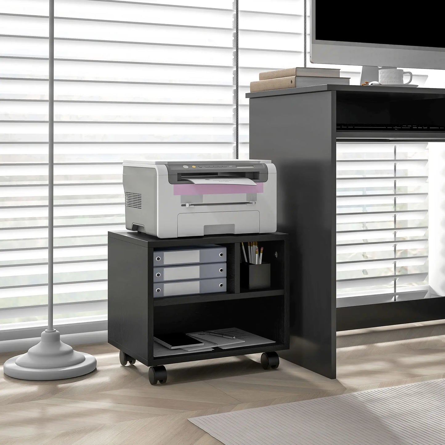 HOMCOM Three-Compartment Office Storage Printer Cabinet, with Wheels - Black