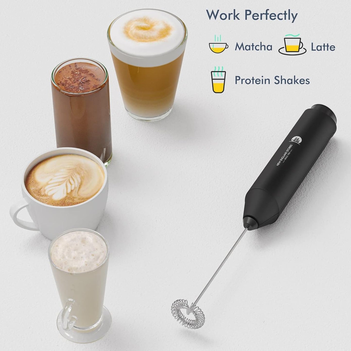Powerful Milk Frother Handheld Foam Maker, Mini Whisk Drink Mixer for Coffee with Stand, Black