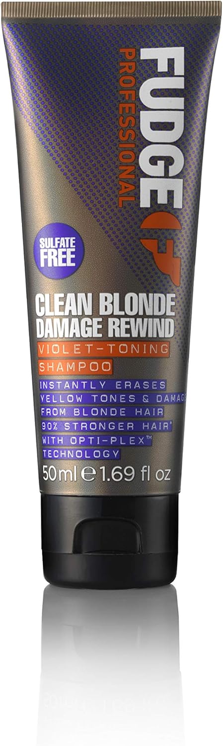 Fudge Professional Purple Hair Toning Shampoo, Travel Size, Clean Blonde Damage Rewind Shampoo, 50ml