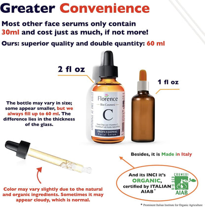 Big 2.11oz. Organic Vitamin C Serum for Face. Anti-Dark Spots, Wrinkles Skin Repair, Anti Aging Facial & Eye Area Skincare
