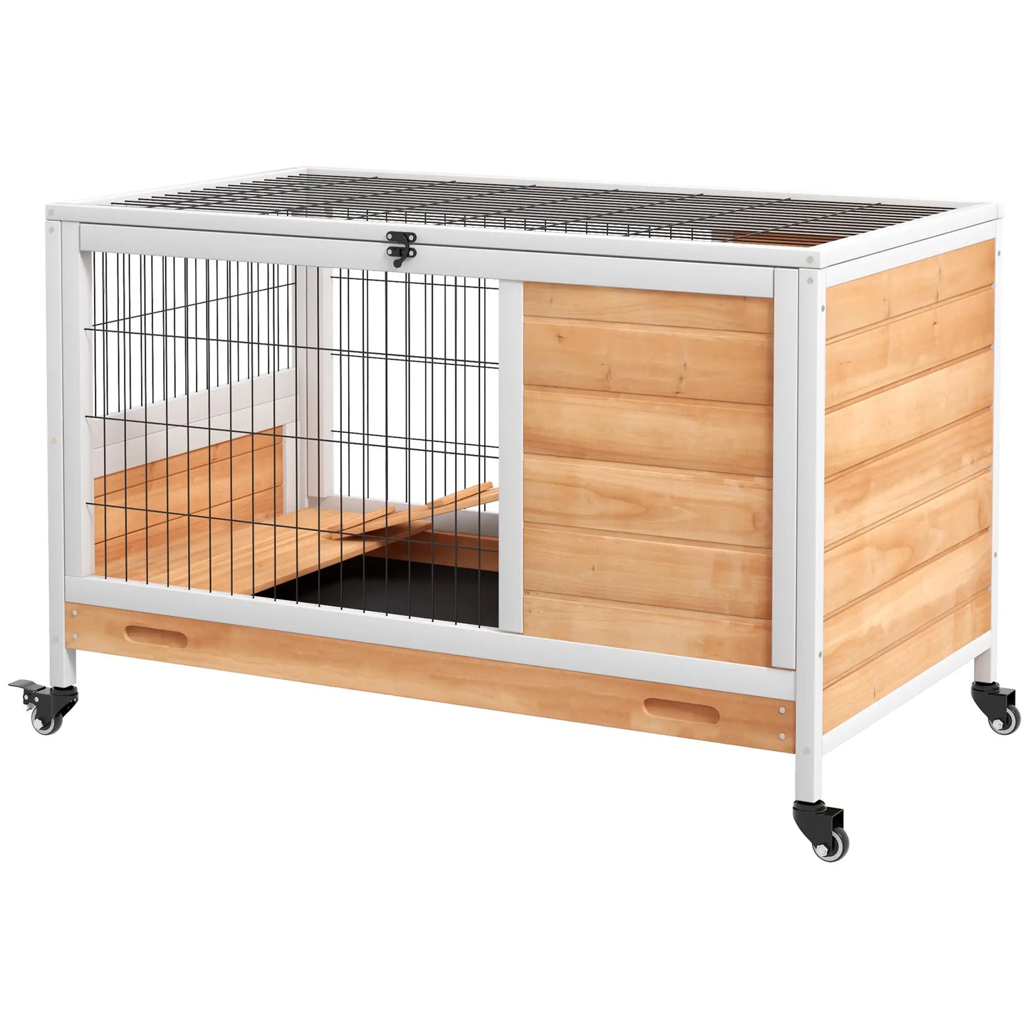 PawHut Wooden Guinea Pig Hutch, 2-Floor Bunny Cage w/ Enclosed Run Area, Yellow