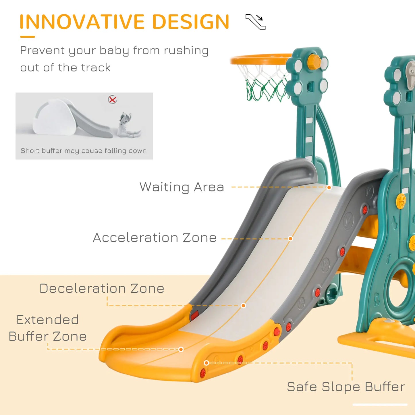 HOMCOM 3-IN-1 Kids Swing & Slide Set with Basketball Hoop Slide Swing Adjustable Seat Height Toddler Activity Indoor & Outdoor Play