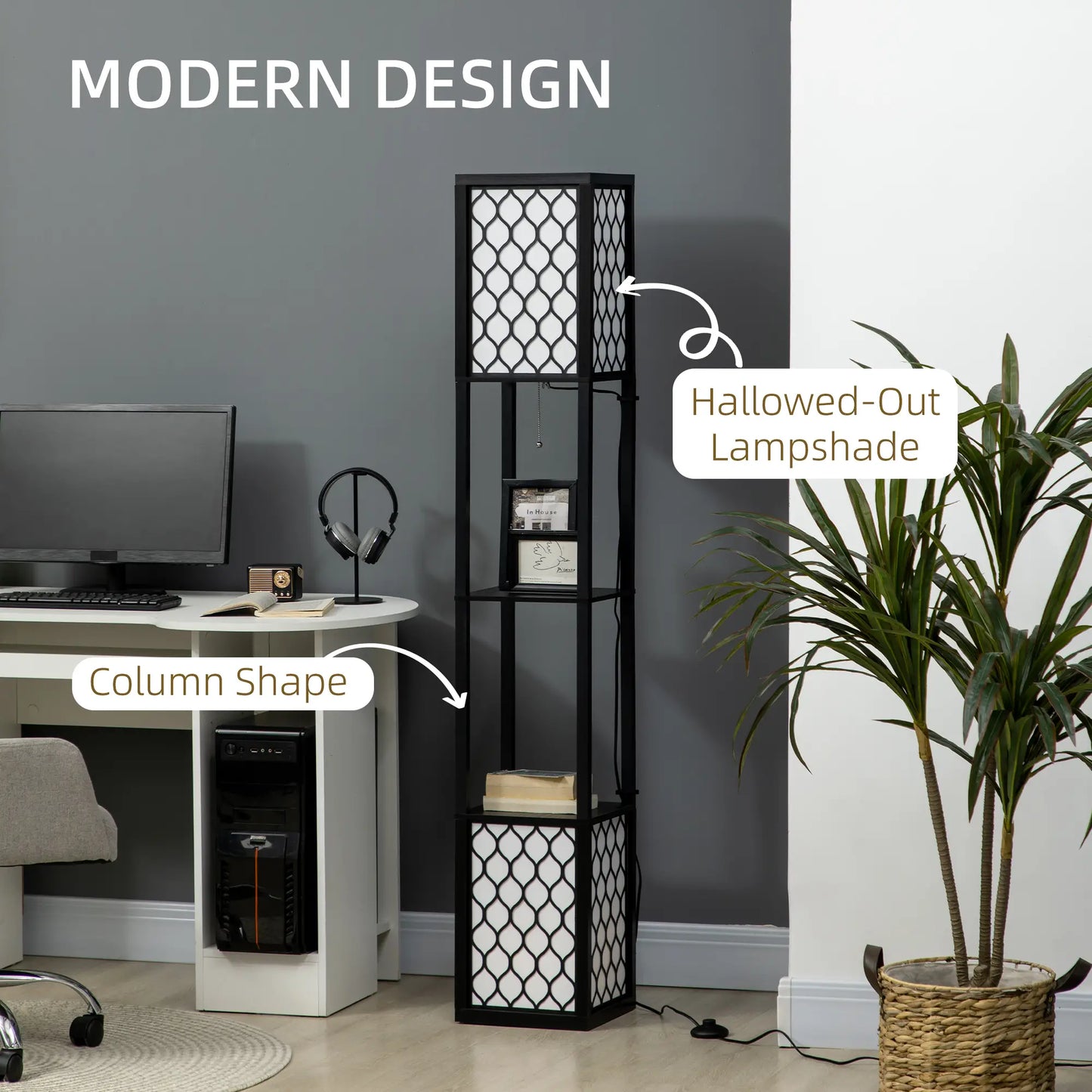 HOMCOM Floor Lamp with Shelves, Modern Tall Standing Lamp with Fabric Lampshade and Dual Light, Black