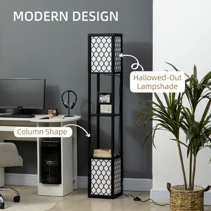 HOMCOM Floor Lamp with Shelves, Modern Tall Standing Lamp with Fabric Lampshade and Dual Light, Black