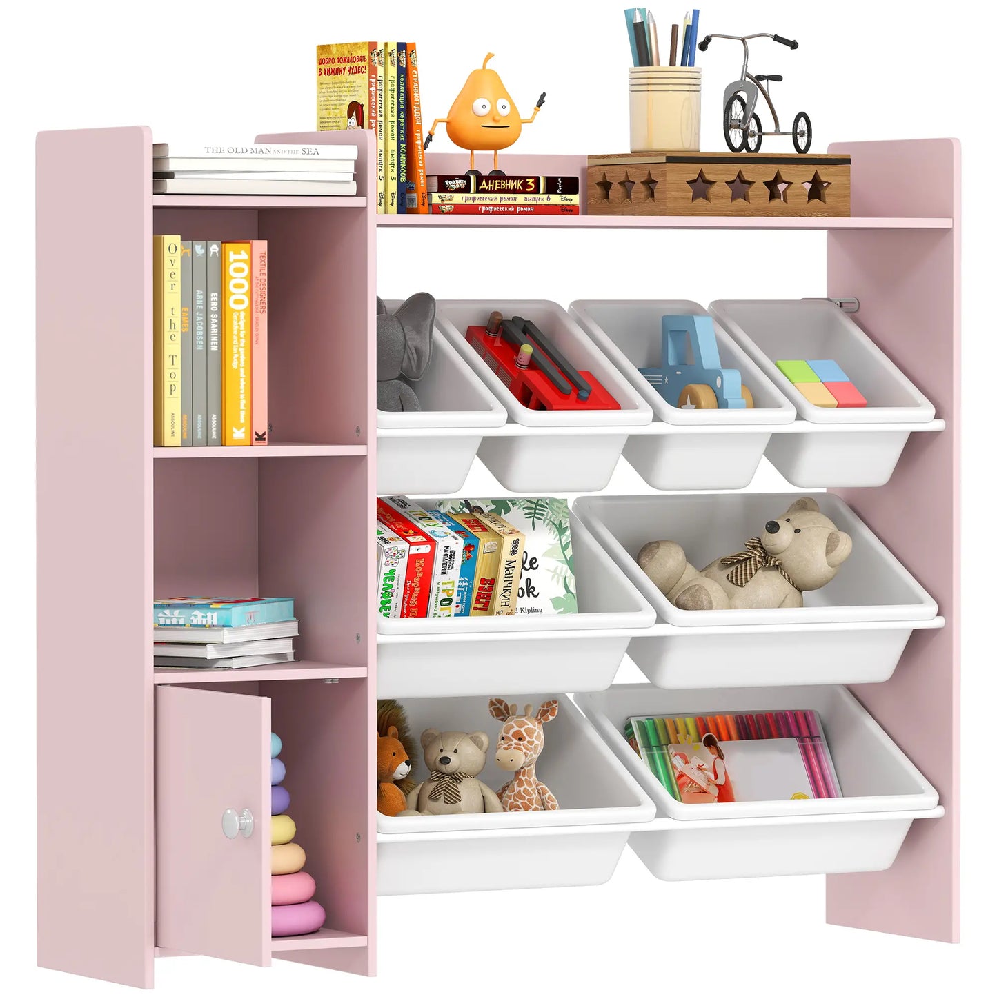AIYAPLAY Kids Toy Storage Unit with 8 Removable Bins, Storage Shelves, Cabinet, Pink