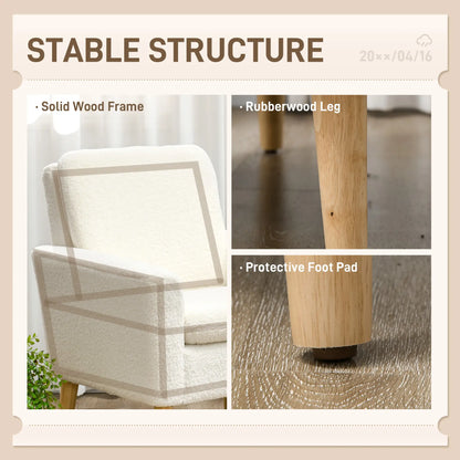 HOMCOM Armchair, Upholstered Accent Chair with Wood Legs & Wide Padded Seat, Teddy Occasional Chair, Cream White