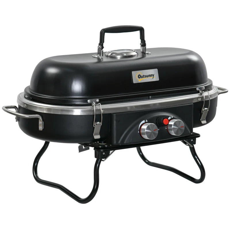 Outsunny Foldable Gas BBQ Grill 2 Burner Table Top Barbecue with Lid for Camping Picnic Cooking, Aluminium Alloy
