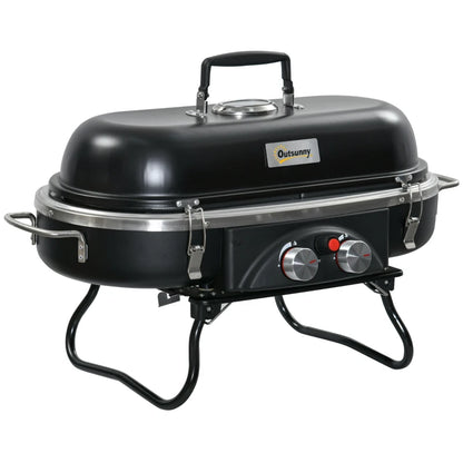 Outsunny Foldable Gas BBQ Grill 2 Burner Table Top Barbecue with Lid for Camping Picnic Cooking, Aluminium Alloy