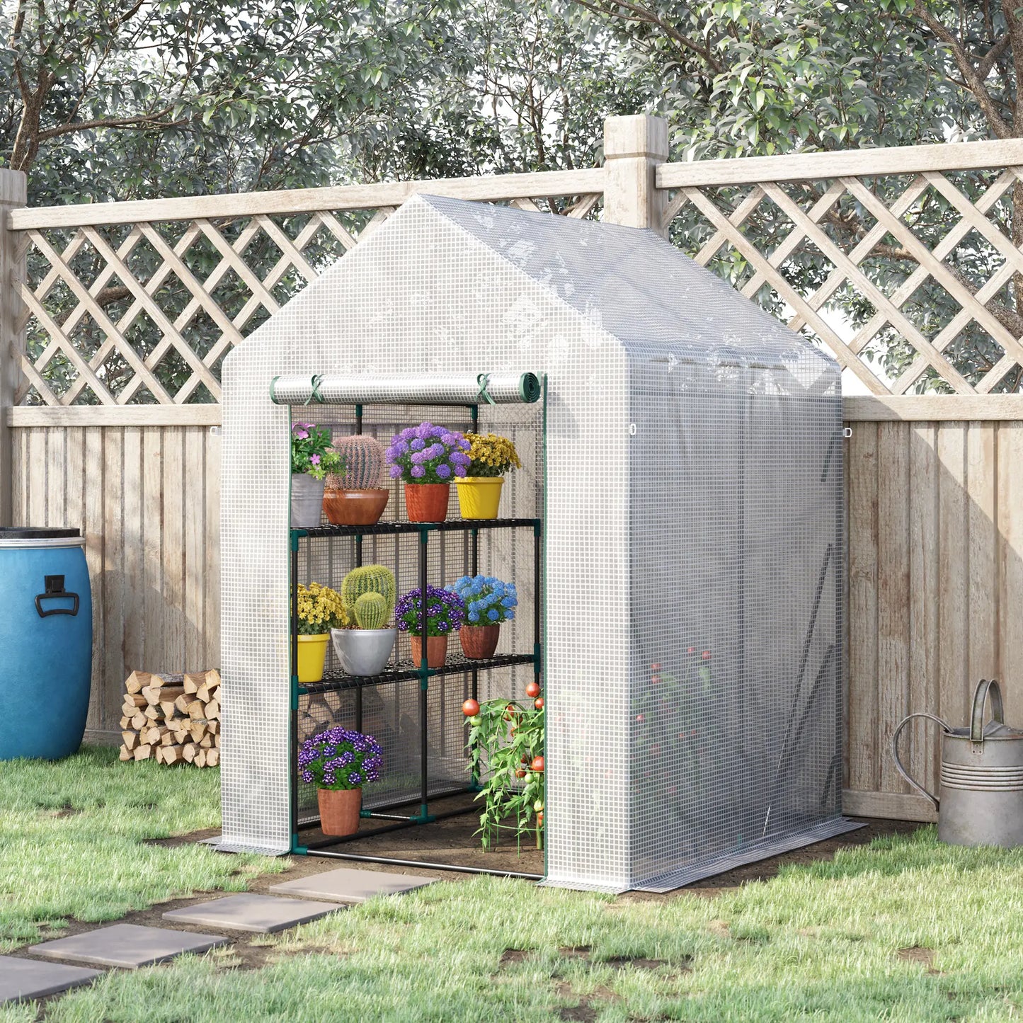 Outsunny Walk In Greenhouse Portable Gardening Plant Grow House Reinforced PE Cover with 2 Tier Shelf & Roll Up Zip Panel Door