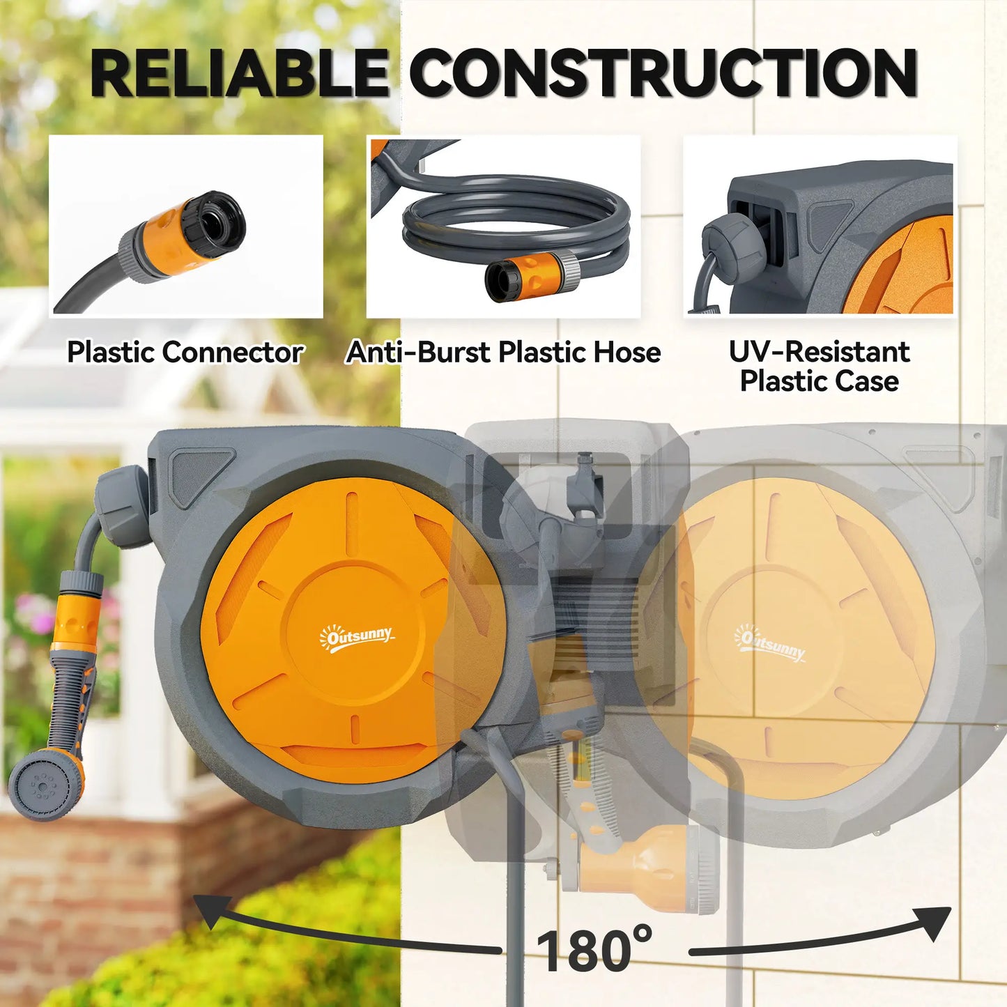 Outsunny Retractable Hose Reel Wall Mounted, 30+2m Garden Hose Pipe Reel with Lock, Auto Rewind, Orange