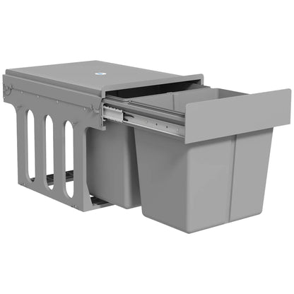 HOMCOM Pull Out Bin, Under Sink Bin - 2 x 15L Removable Compartments for 400mm Cabinets, Light Grey