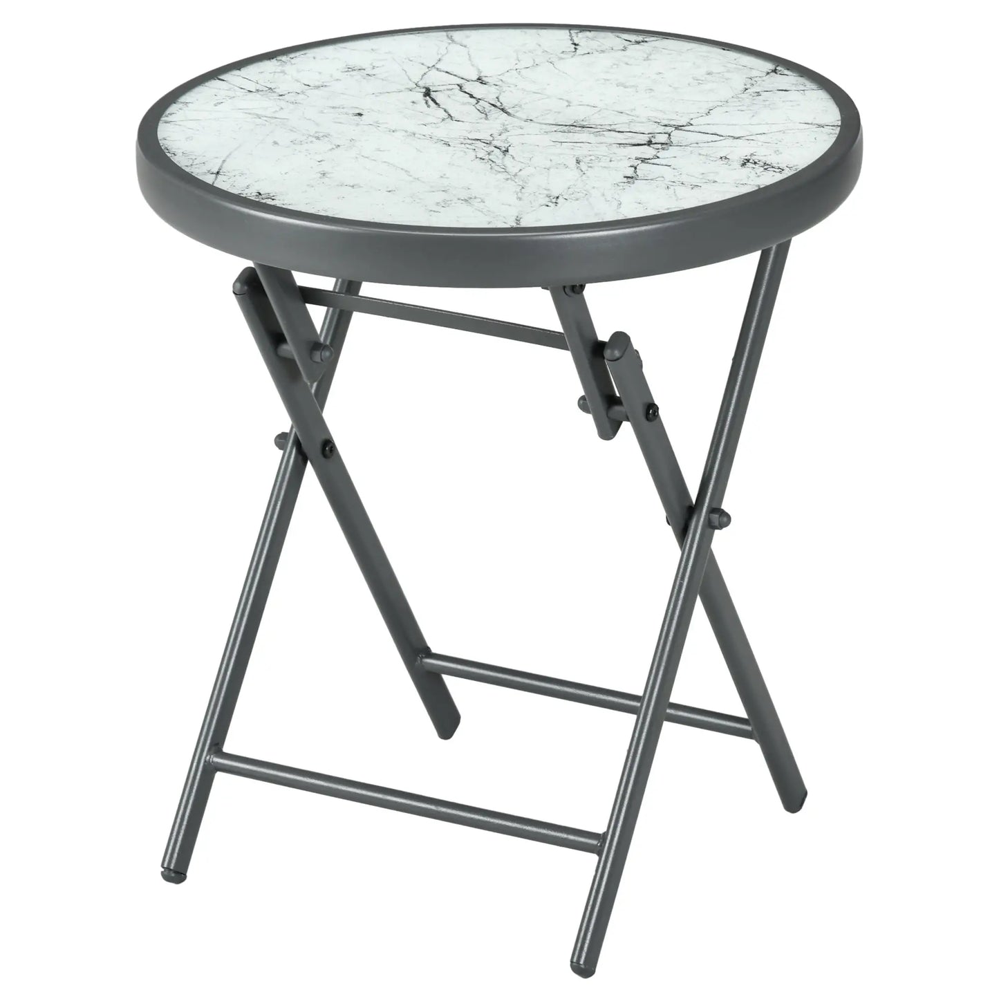 Outsunny Garden Small Coffee Side Table, Outdoor Round Folding Patio Table with Marble Glass Top, White