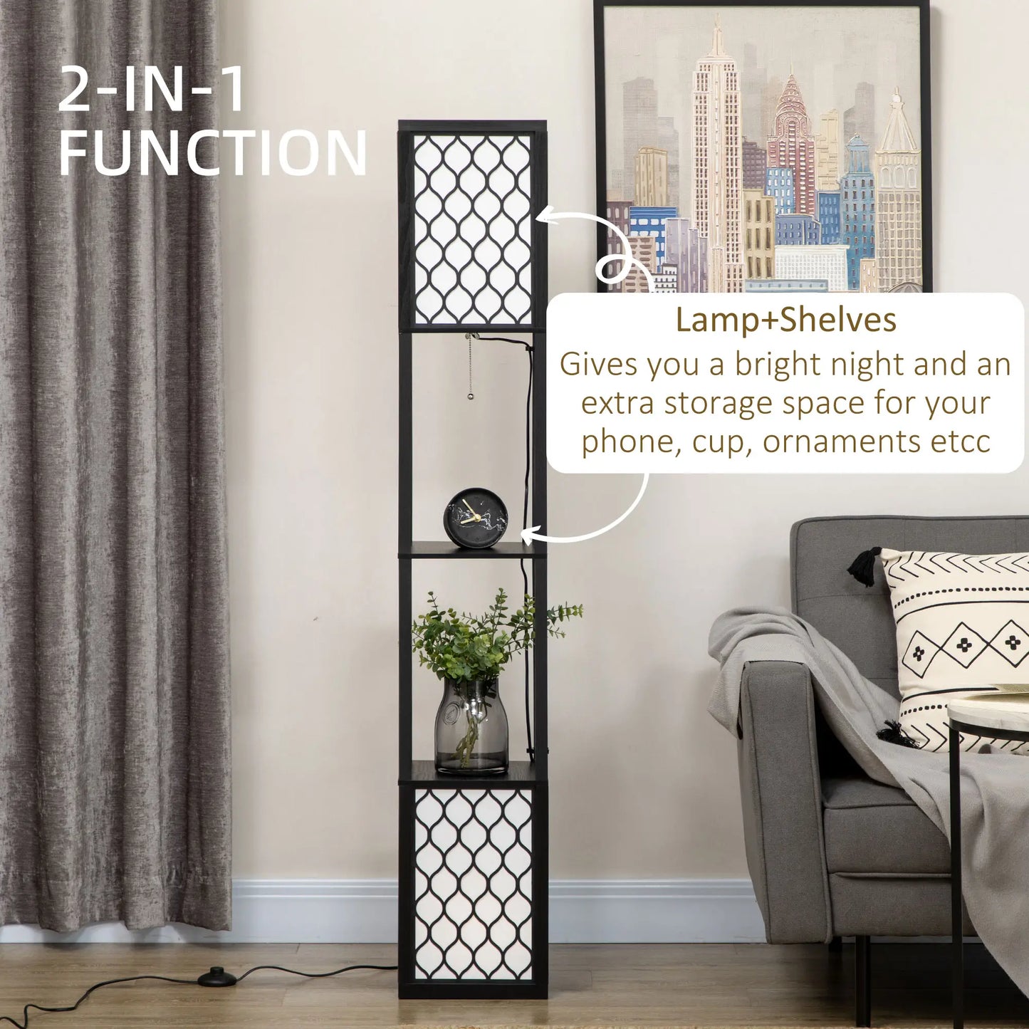 HOMCOM Floor Lamp with Shelves, Modern Tall Standing Lamp with Fabric Lampshade and Dual Light, Black