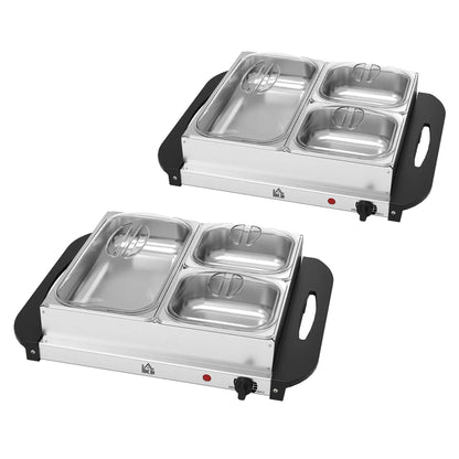 HOMCOM 4.5L Stainless Steel Electric Buffet Server with 3x Trays and Lids, Set of 2