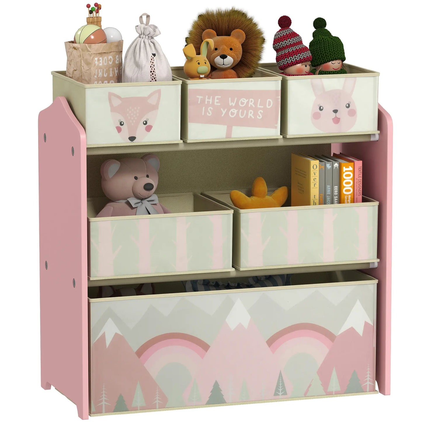 ZONEKIZ Kids Storage Unit, Toy Storage Organiser, with Six Fabric Bins for Bedrooms, Playrooms - Pink