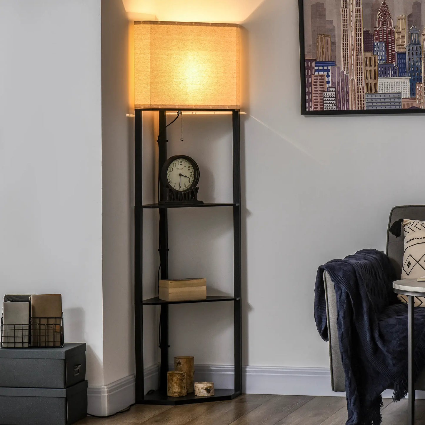 HOMCOM Corner Floor Lamp with Shelves, Modern Tall Standing Lamp with Chain Switch for Living Room, Bedroom, Black