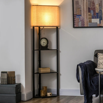HOMCOM Corner Floor Lamp with Shelves, Modern Tall Standing Lamp with Chain Switch for Living Room, Bedroom, Black
