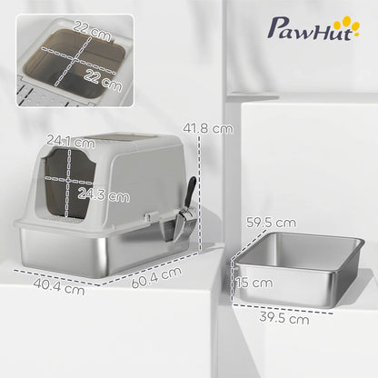 PawHut Extra Large Stainless Steel Litter Box, Enclosed Cat Litter Tray with Scoop, Deodorizer Bag, Front-Entry & Top-Exit