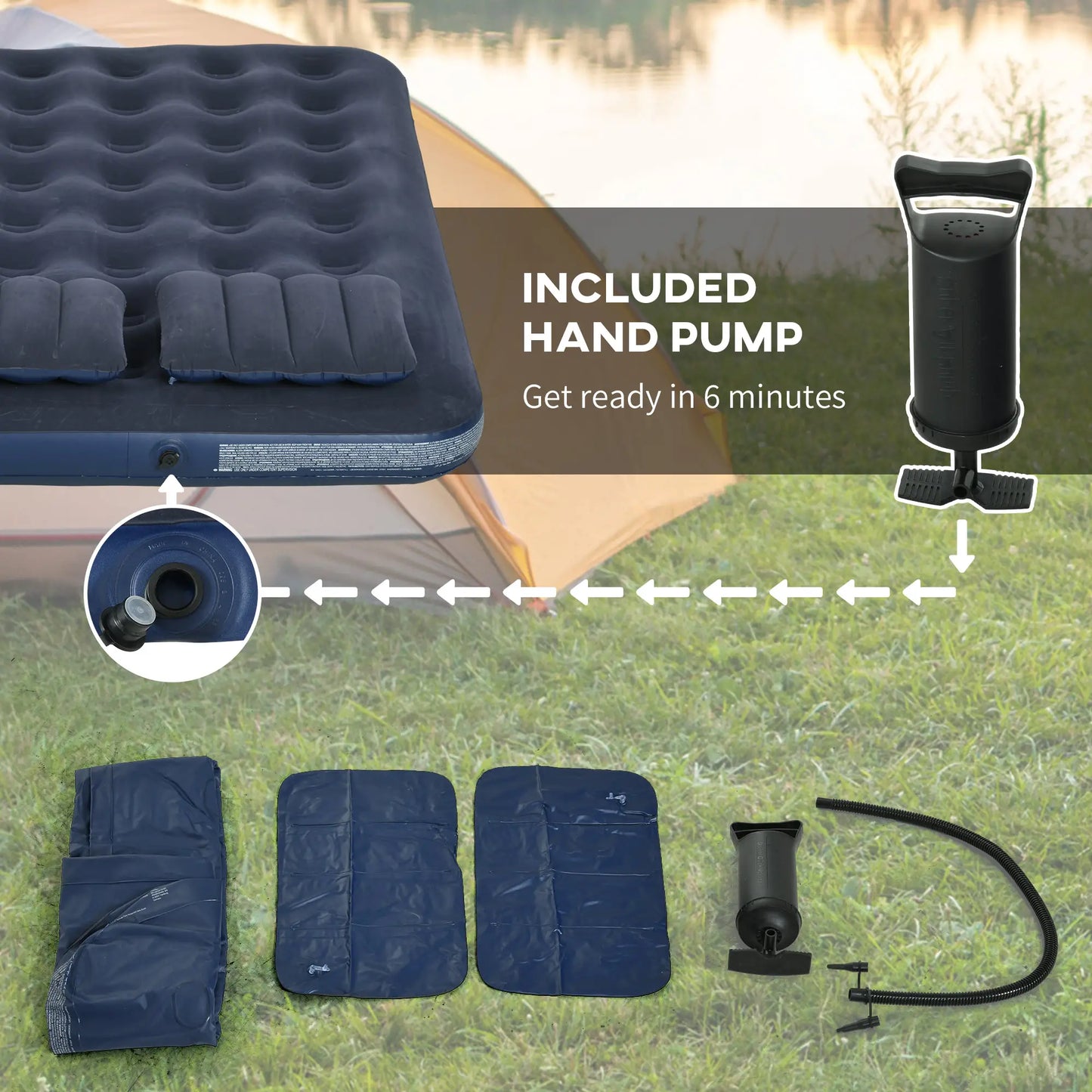 Outsunny Inflatable King Size Air Bed, with Built-In Hand Pump & Two Pillows - Blue