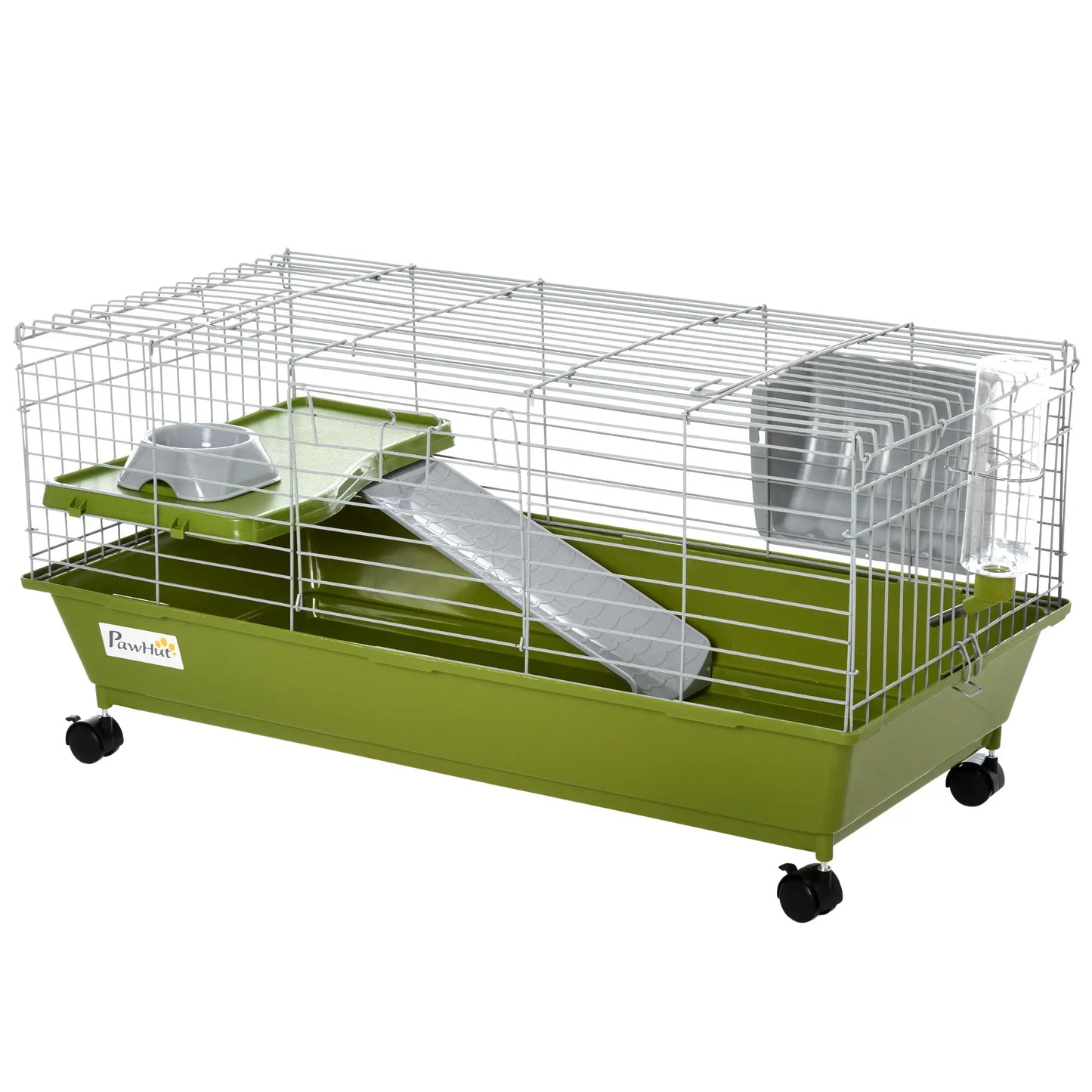 PawHut Small Animal Cage Rabbit Guinea Pigs Chinchillas Cage w/ Wheels, Water Bottle, Food Dish, Ramp, Green