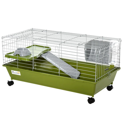 PawHut Small Animal Cage Rabbit Guinea Pigs Chinchillas Cage w/ Wheels, Water Bottle, Food Dish, Ramp, Green