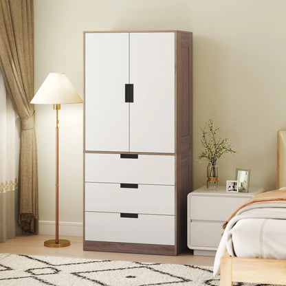 HOMCOM Modern Clothes Storage Cupboard Unit, 3 Drawer 2 Door Wardrobe with Hanging Rod, White/Brown