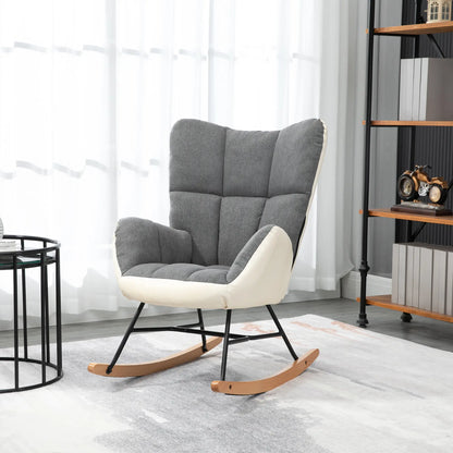 HOMCOM Soft Padded Rocking Wingback Armchair, with Wooden Legs - Grey/Cream