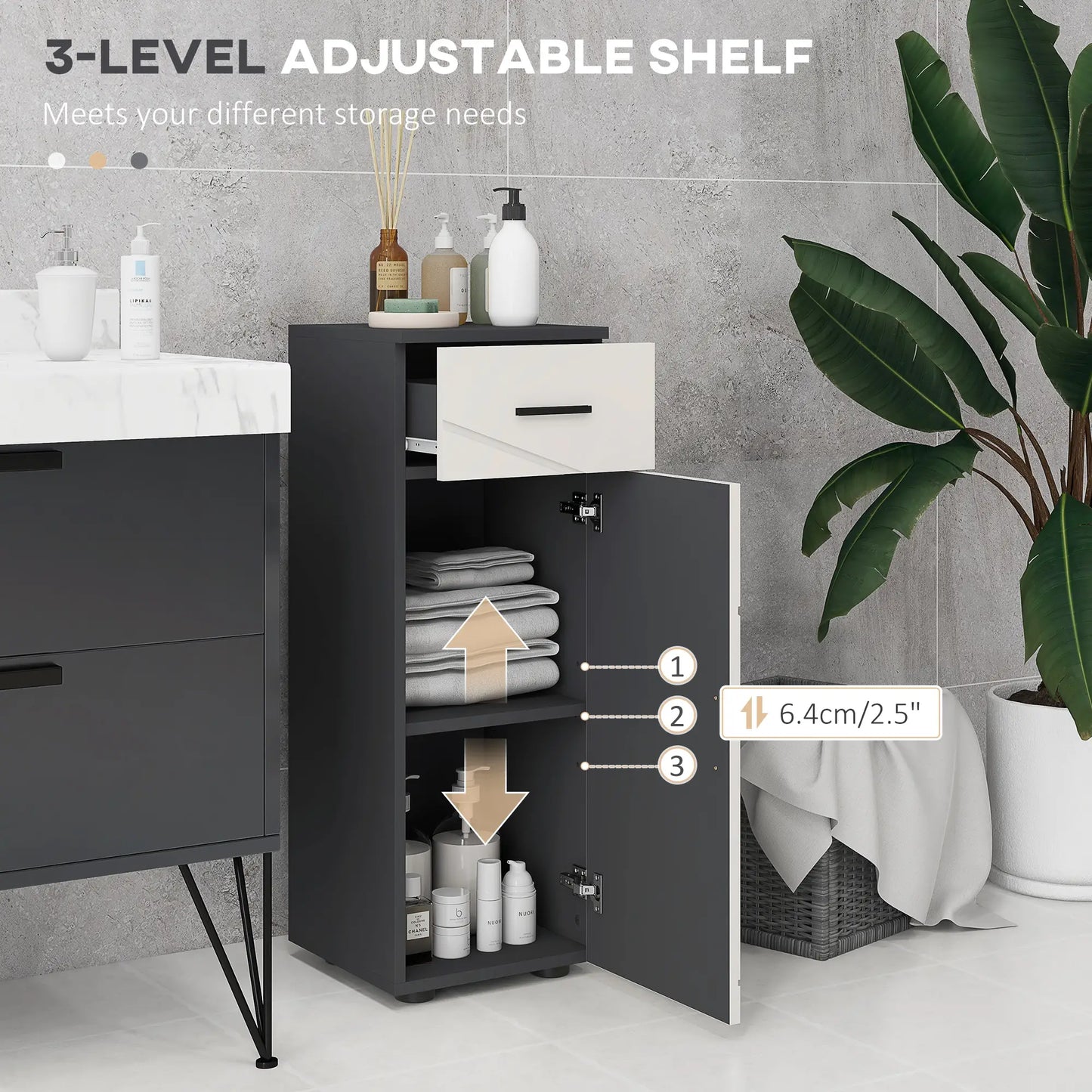 kleankin Slim Bathroom Cabinet, Narrow Bathroom Storage Cabinet with Drawer, Door Cupboard, Adjustable Shelf, Grey