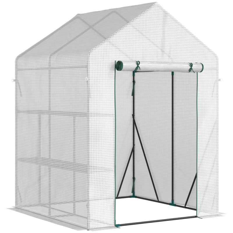 Outsunny Walk In Greenhouse Portable Gardening Plant Grow House Reinforced PE Cover with 2 Tier Shelf & Roll Up Zip Panel Door