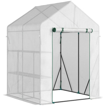 Outsunny Walk In Greenhouse Portable Gardening Plant Grow House Reinforced PE Cover with 2 Tier Shelf & Roll Up Zip Panel Door