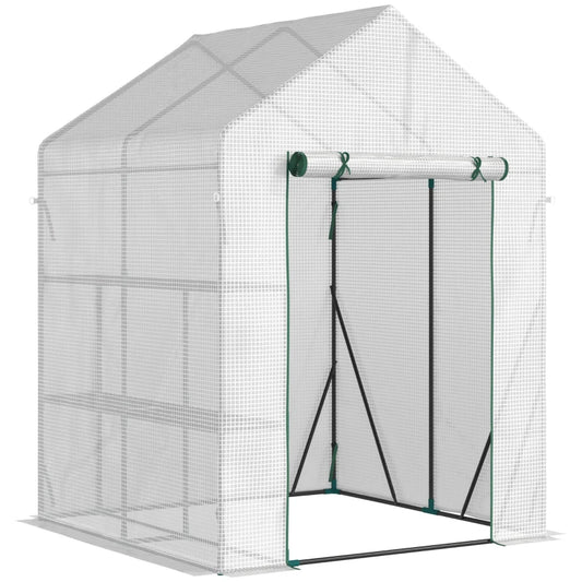 Outsunny Walk In Greenhouse Portable Gardening Plant Grow House Reinforced PE Cover with 2 Tier Shelf & Roll Up Zip Panel Door