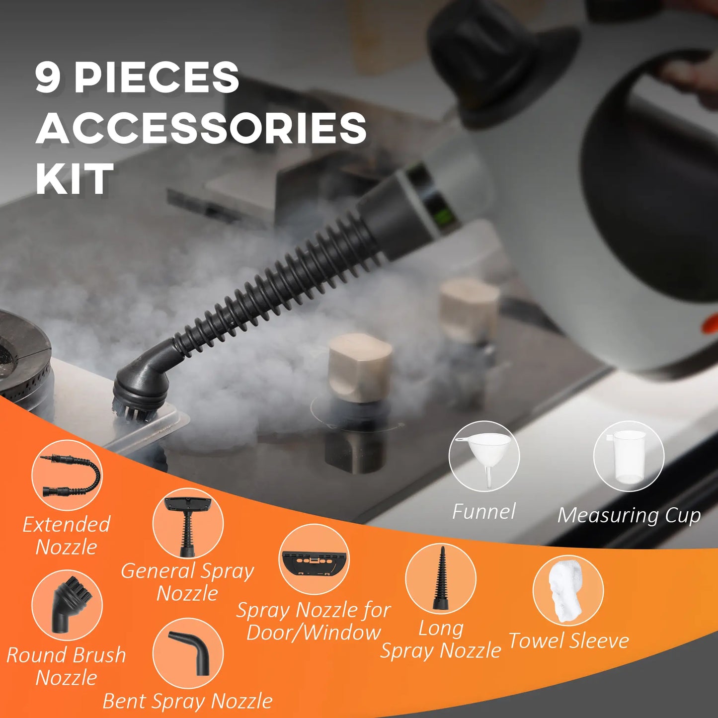 HOMCOM Handheld Steam Cleaner for Chemical Free Cleaning, Portable Multi-Purpose Steamer with 9 Pcs Accessory