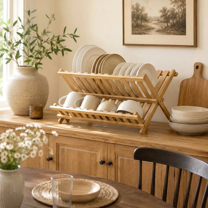 HOMCOM 2-Tier Foldable Kitchen Storage Rack with Slatted Draining Shelves, Natural Wood Finish