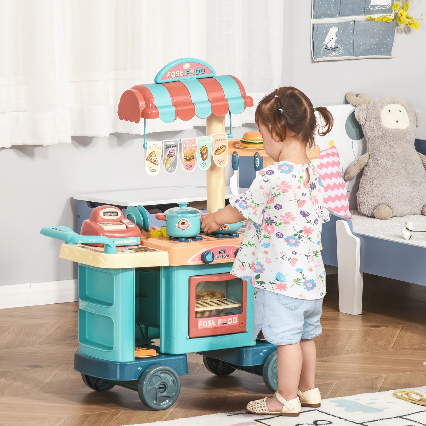 50 Pcs Kids Kitchen Play Set Fast Food Trolley Cart Pretend Playset Toys with Play Food Accessories Gift for Boys Girls Age 3-6