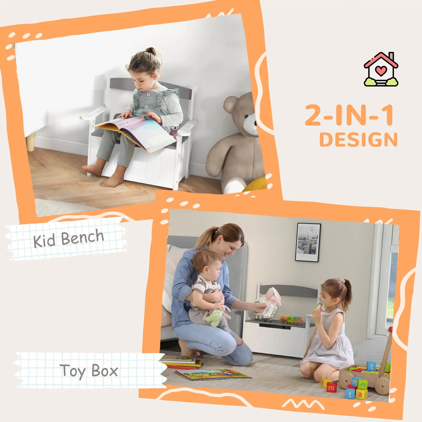 AIYAPLAY 2-in-1 Toy Box for Kids Storage with Lid for Bedroom, Nursery, Playroom, Grey