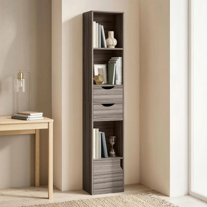 HOMCOM Bookcase with 2 Drawers and Cabinet, Adjustable Shelf Bookshelf, Grey